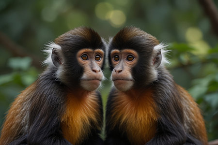 Two red-shanked douc langur (Cercopithecus rubra)