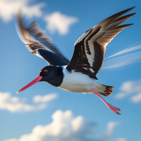 Eurasian oystercatcher (Haematopus ostralegus) in flightの写真素材