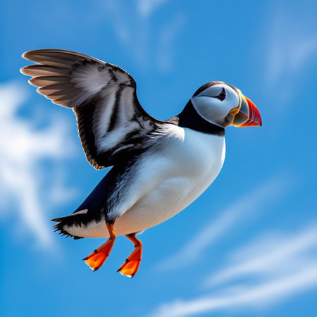Puffin flying in the blue sky, fratercula arcticaの写真素材