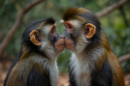 Couple of monkeys in the forest, close-up portrait.の写真素材