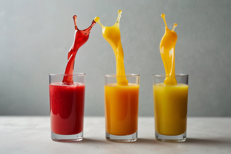 Colorful juice splashing out of glass with red, orange and yellow fruitの写真素材