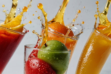 Fruit juice splash in glasses on white background, close-upの写真素材