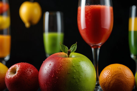 Glasses of different juices and fruits on black background, closeupの写真素材