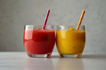 Mango and mango smoothie in a glass with straws.の写真素材