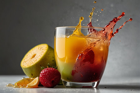 Fruit juice splashing out of glass with fresh fruits on grey background