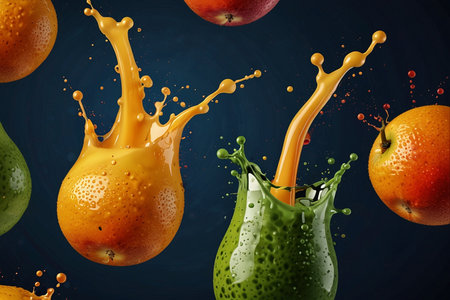 Fruit juice splashing out of a glass, 3d renderingの写真素材