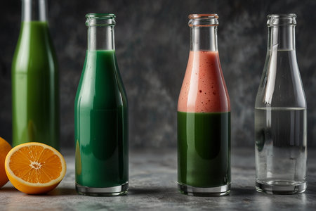 Variety of fresh juices in glass bottles on stone background, copy spaceの写真素材