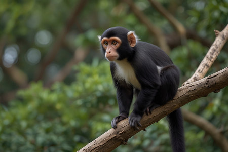 Portrait of a red-shanked macaque sitting on a branch