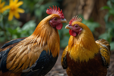 Close up of Rooster and hen in the farm, stock photo