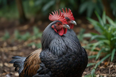 Portrait of a black rooster with red comb in the yardの写真素材