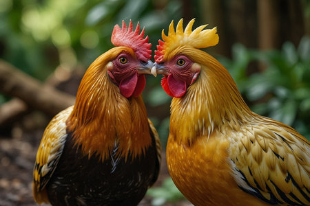 Two roosters are standing close to each other.