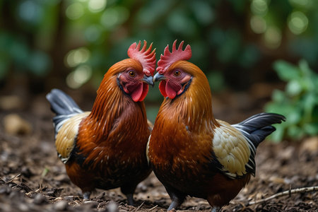 Close-up of a rooster and hen in the garden.の写真素材