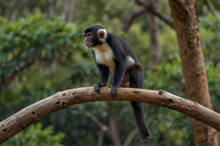 Cute little monkey sitting on a tree branch in the forest.の写真素材