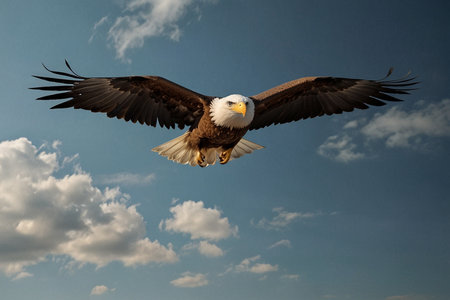 Bald Eagle in flight with blue sky and clouds in the background