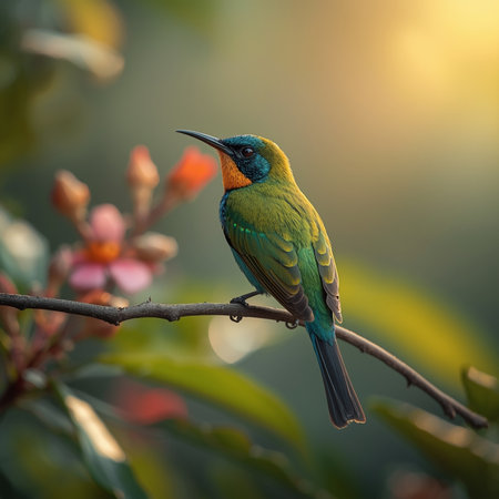 Beautiful Green Bee-eater bird on the branch with blurred backgroundの写真素材