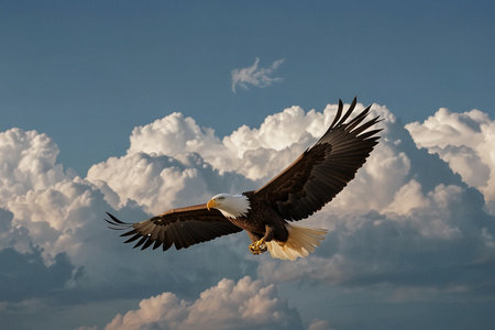 Bald Eagle in flight against a blue sky with white clouds.