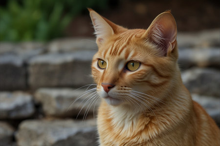 ginger cat with yellow eyes on the background of a stone staircaseの写真素材
