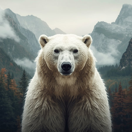 Polar bear in mountains. Toned.の写真素材