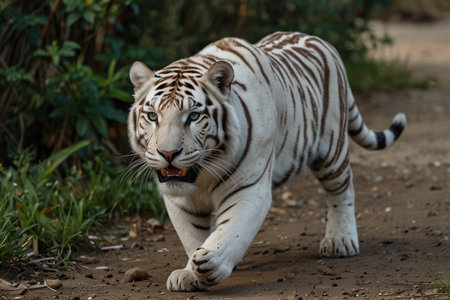 White tiger walking on the road in the forest. Wild animal.の写真素材