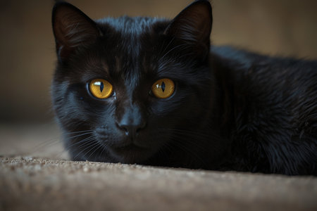 Portrait of a black cat with yellow eyes on a blurred backgroundの写真素材