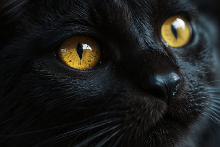 Close-up of black cat's eyes with yellow eyes. Macro shot.の写真素材