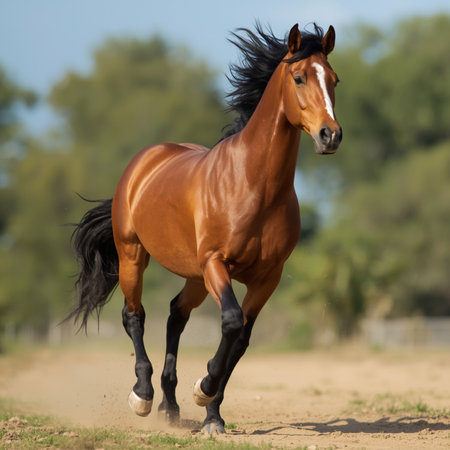 Beautiful bay horse with long mane running on the meadowの写真素材