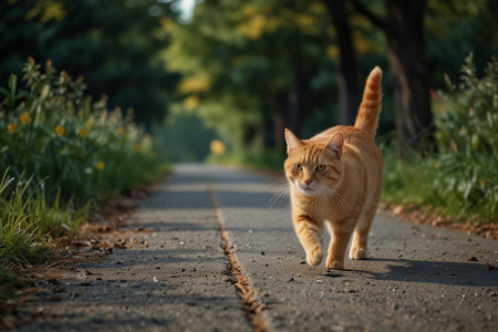 ginger cat walks on the road in the park in the summerの写真素材