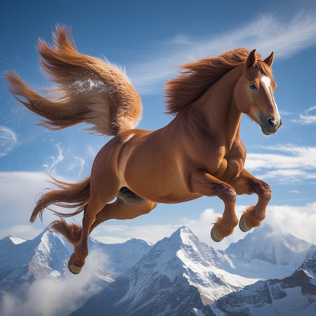 Horse in flight against the background of mountains. 3d renderingの写真素材
