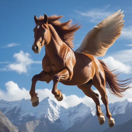 Beautiful bay horse flying in the sky with mountains in the backgroundの写真素材