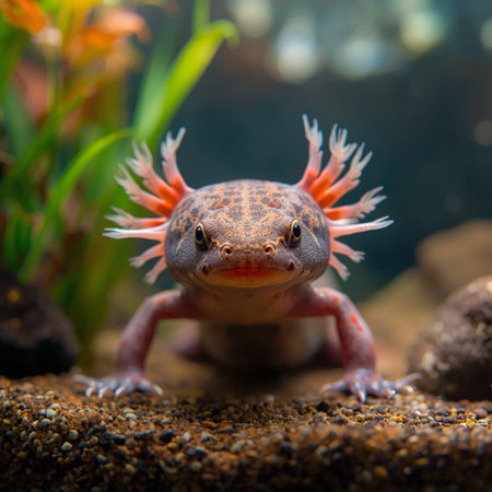 Portrait of a red-tailed axolotl in an aquarium.の写真素材