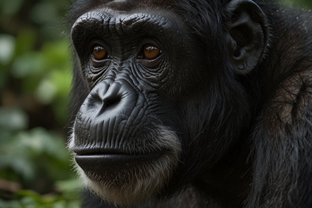 Chimpanzee portrait in natural habitat. Close-up.