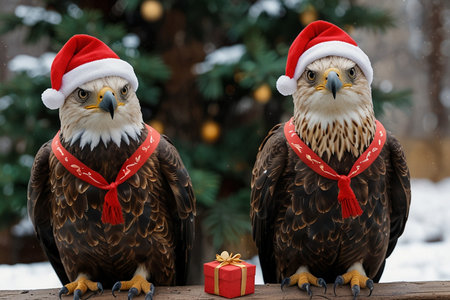 Two bald eagle in Santa Claus hats with a gift on the background of a Christmas tree