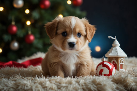 Cute puppy in front of christmas tree. Christmas theme.