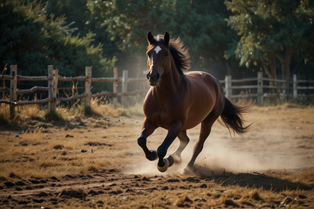 Beautiful bay horse running in the paddock at sunset light.