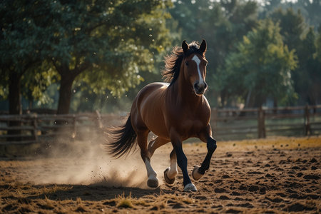 Beautiful bay horse galloping in the paddock at sunset.