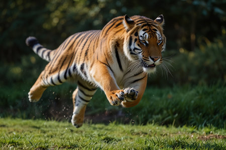 Siberian Tiger running in the forest (Panthera tigris altaica)の写真素材