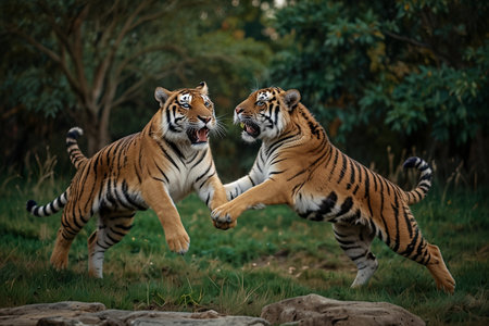Two tigers fighting with each other in the jungle. Wildlife scene from nature.