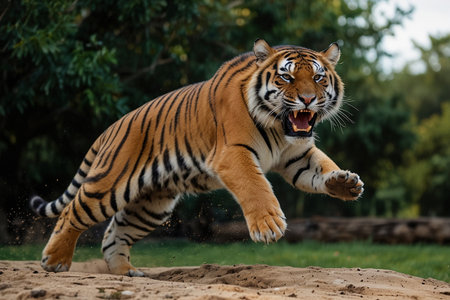 Siberian Tiger running in the zoo. Beautiful tiger in captivity.