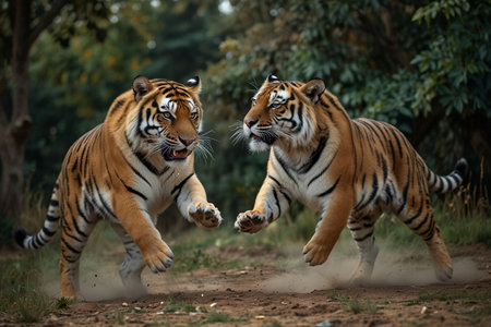 Two tigers fighting in the jungle. (Panthera tigris altaica)