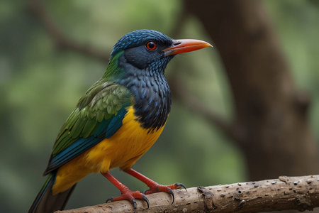 Colorful blue and yellow bird standing on a branch in the forest