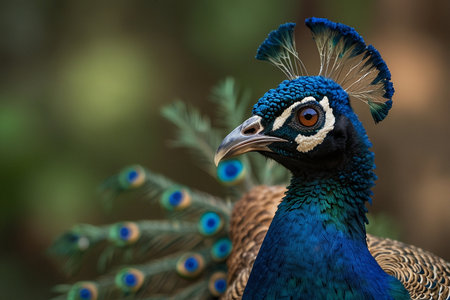 Portrait of beautiful peacock with feathers out, close-up