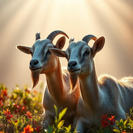 Two goats on a meadow with flowers in the rays of the setting sunの写真素材