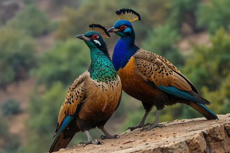 Portrait of a beautiful male and female peacock in the nature.の写真素材