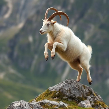 mountain goat standing on a rock in the mountains of the Alpsの写真素材