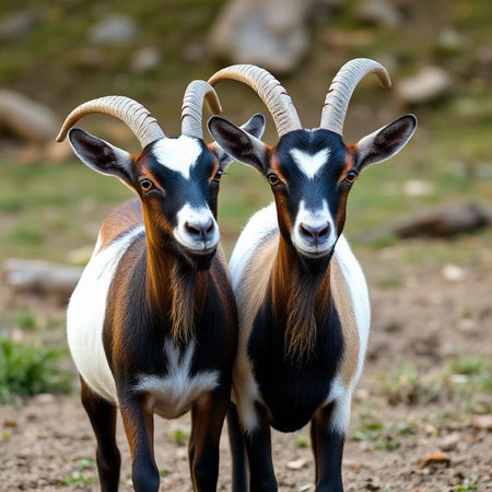 Portrait of two goats with long horns in the zoo. Close-up.の写真素材