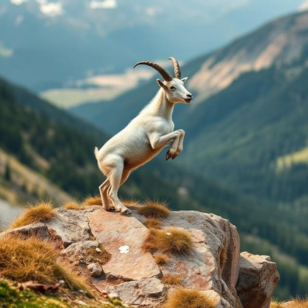 mountain goat on the top of a rock in the alpsの写真素材