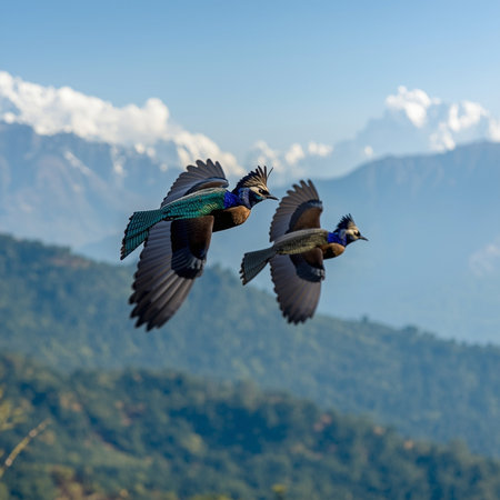 Two birds in flight on the background of the Himalayas.