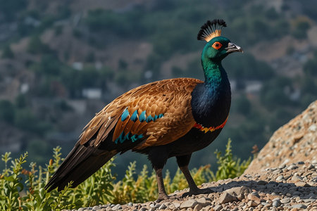 Portrait of a beautiful peacock on a background of mountains.の写真素材
