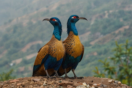 Pair of Golden Pheasant or Blue Pheasant in Thailandの写真素材