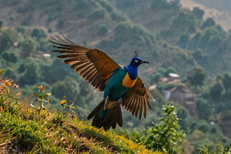 A bird in flight on a meadow in the Himalayas.